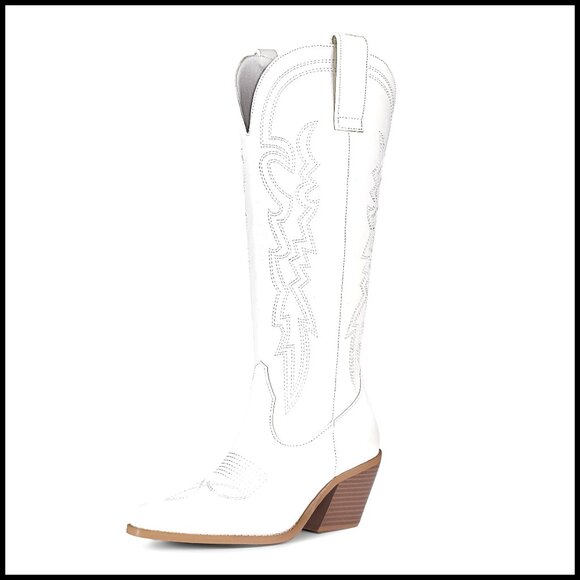 Western Knee High Boots Embroidered Cowgirl Booties Chunky Heel Side Zipper